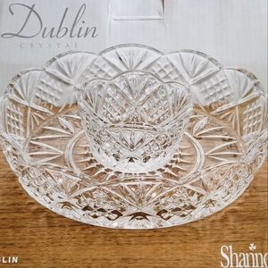 Elegant New Godinger Dublin Crystal Collection 2 piece chip and dip 8" diameter